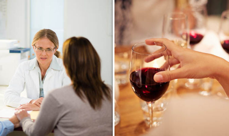 A doctor talking to a patient and a glass of red wine on the right.